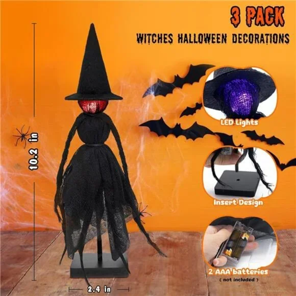 Set of Primitive Witch with Hats, Halloween Decorations Indoor,with 3 LED - Picture 2 of 7